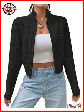Cropped Cable Knit Zip Cardigan Long Sleeve Fall Sweater